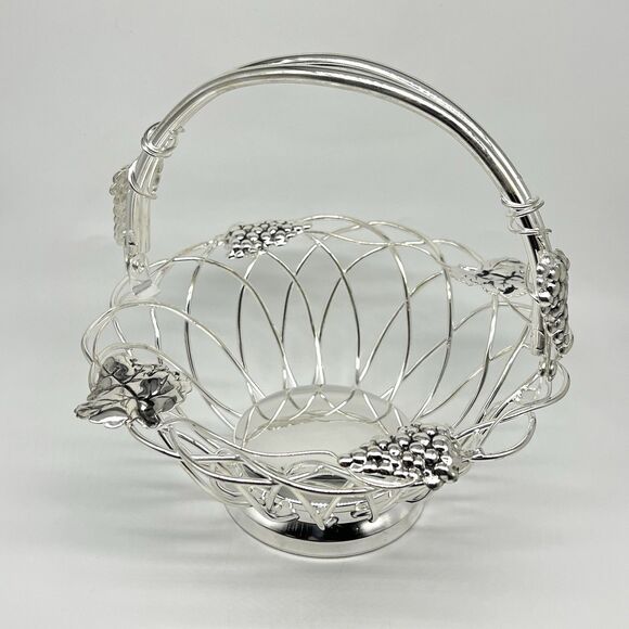 VTG Studio Silversmiths Silverplated Wire Round Basket Grape Clusters & Leaves - Picture 3 of 15
